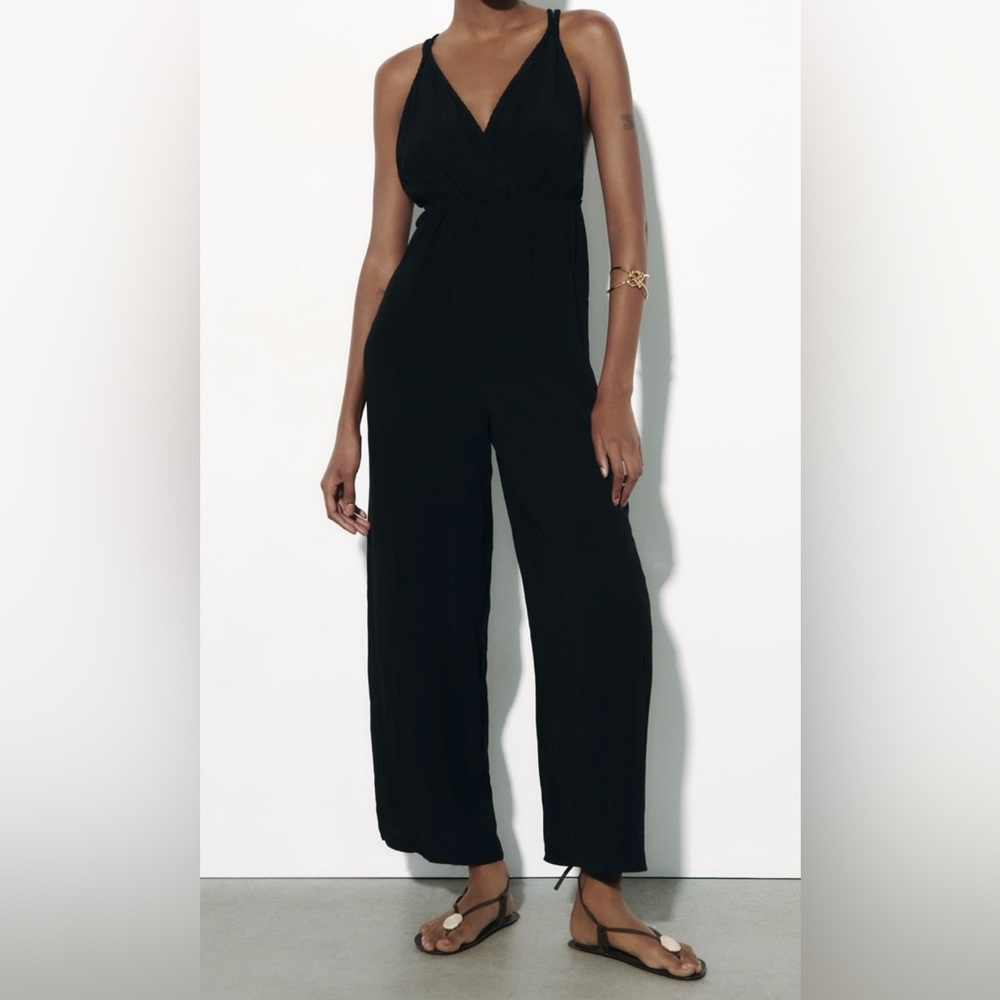 NWT ZARA Braided Strap Black  Jumpsuit Backless Wide Leg Trouser Size Large